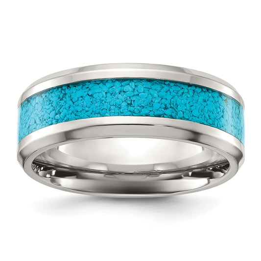 Exclusive 8mm Polished Titanium Chisel Band with Turquoise Inlay - Stylish Value