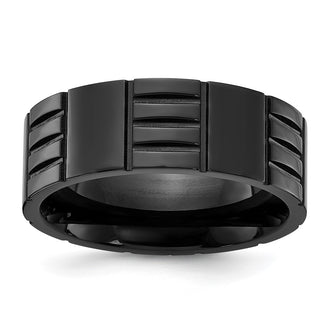 Buy Stylish 8mm Polished Black Titanium Grooved Band - Luxury at Discounted Price!