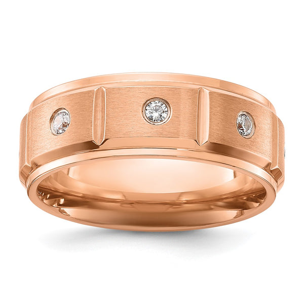8mm Brushed & Polished Rose IP-Plated Band with Titanium & CZ