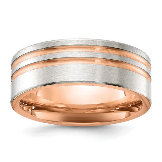 Buy Stylish 8mm Chisel Titanium Band with Rose IP-Plated Stripes - Luxury!