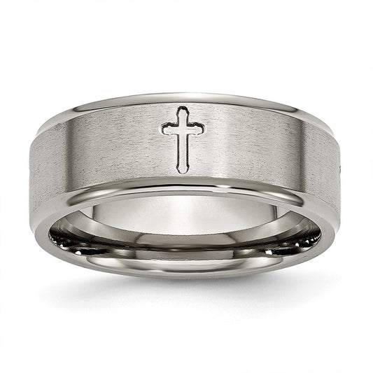 Buy Stylish 8mm Brushed Titanium Cross Center Band with Ridged Edges