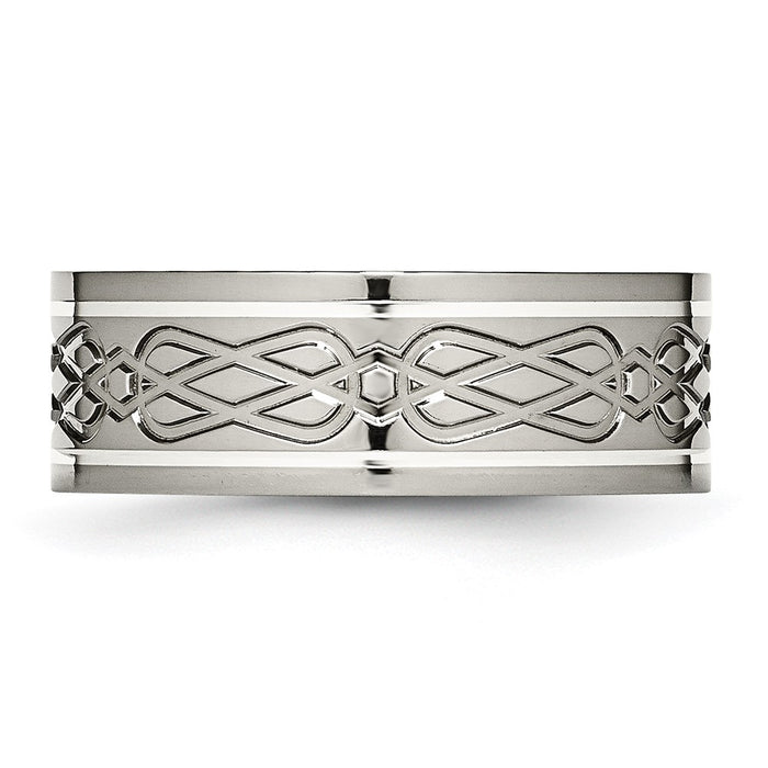 Buy Stylish Celtic Knot 8mm Flat Band in Polished Titanium & Silver Inlay-3