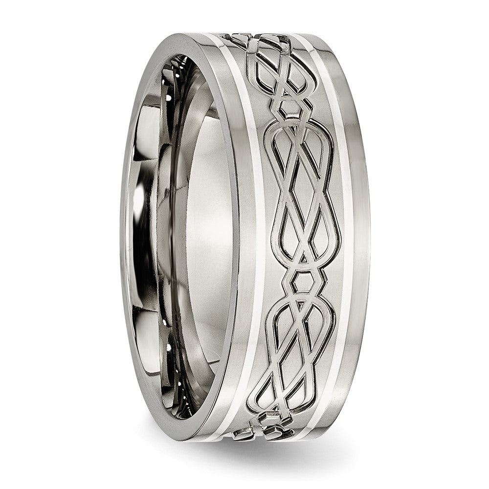 Buy Stylish Celtic Knot 8mm Flat Band - Polished Titanium & Silver Inlay
