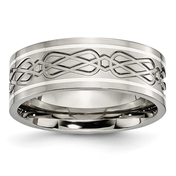 8mm Titanium Chisel Band with Sterling Silver Inlay - Celtic Knot
