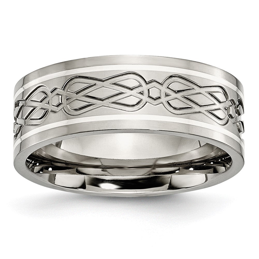 High-Quality Celtic Knot 8mm Flat Band in Polished Titanium & Silver Inlay
