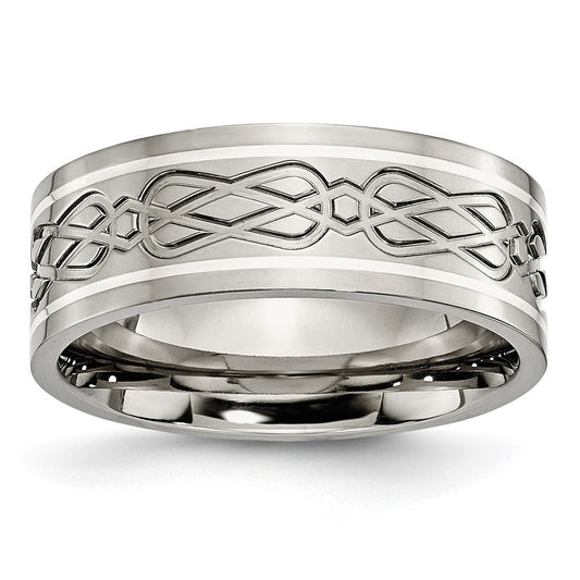 High-Quality Celtic Knot 8mm Flat Band in Polished Titanium & Silver Inlay