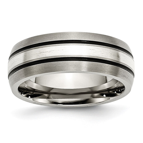 Antiqued 8mm Chisel Titanium Band with Sterling Silver Inlay