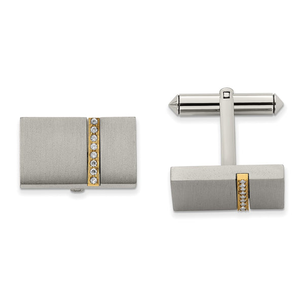 Chisel Titanium Cuff Links - Brushed Yellow IP-Plated, CZ Accents