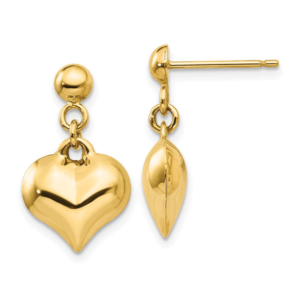 14K Gold Polished Puffed Heart Drop Earrings