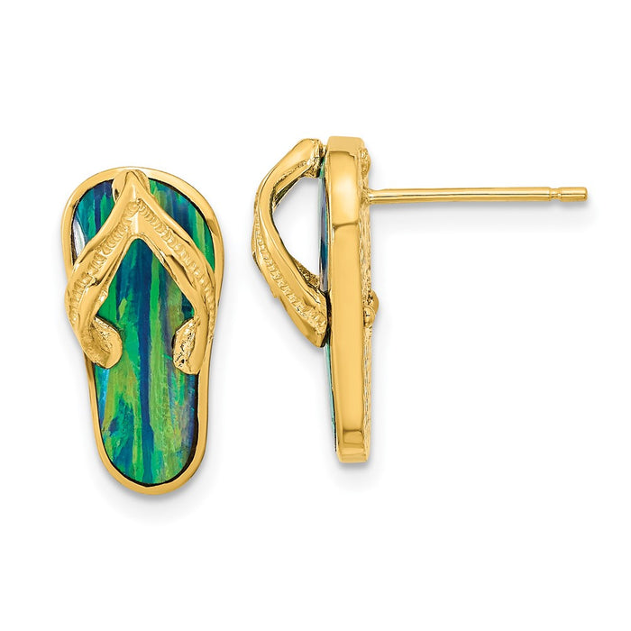 High-Quality 14K Gold Flip Flop Post Earrings with Created Blue Opal - Stylish Value-1