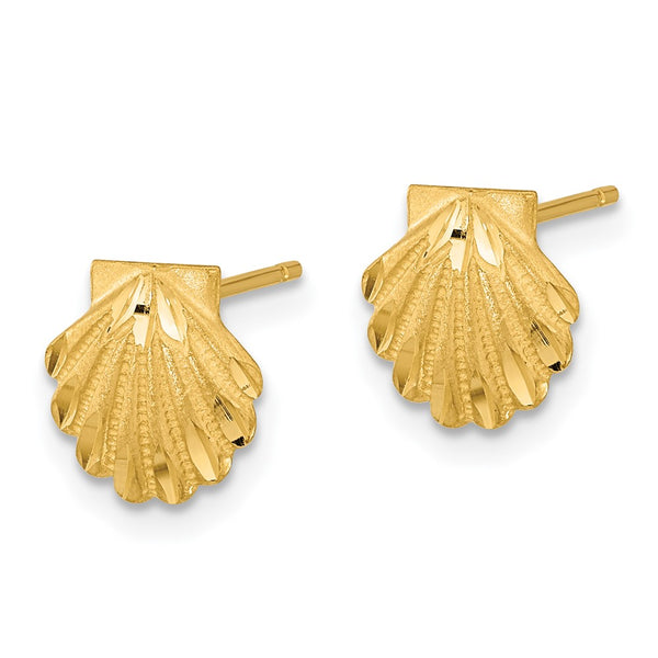 14K Gold Satin Finish Diamond-Cut Seashell Stud Earrings