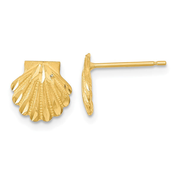 14K Gold Satin Finish Diamond-Cut Seashell Stud Earrings
