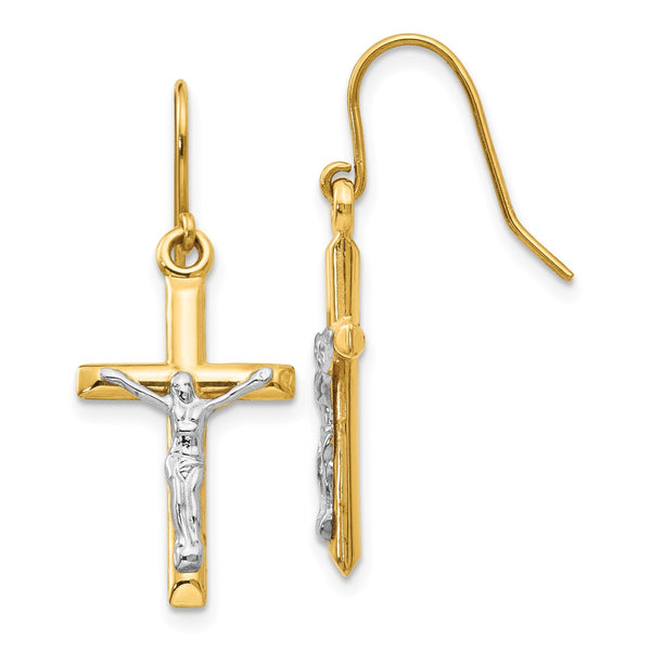 14K Two-Tone Polished Crucifix Earrings