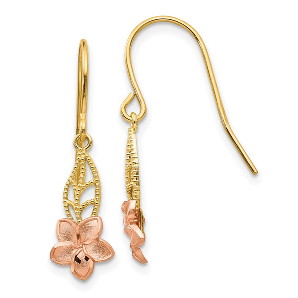 14K Two-Tone Plumeria Drop Earrings, Lightweight