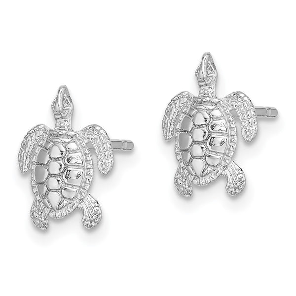 14K White Gold Sea Turtle Stud Earrings - Polished Textured