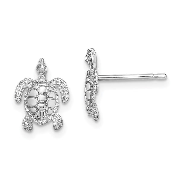 14K White Gold Sea Turtle Stud Earrings - Polished Textured