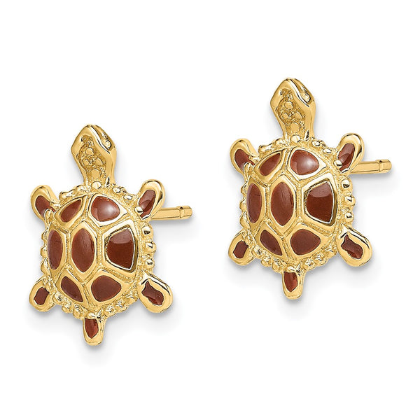 14K Gold Sea Turtle Earrings with Enamel Shell