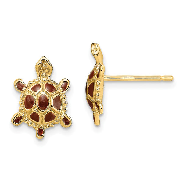 14K Gold Sea Turtle Earrings with Enamel Shell