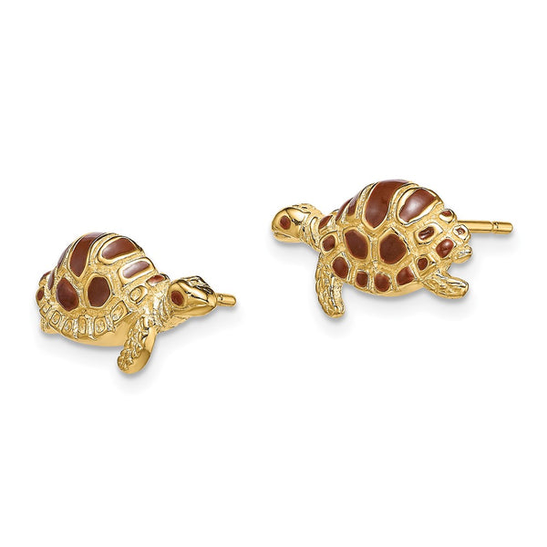 14K Gold Turtle Stud Earrings with Brown Enamel