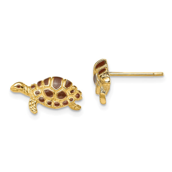 14K Gold Turtle Stud Earrings with Brown Enamel