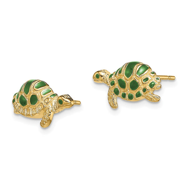 14K Gold Green Enamel Turtle Stud Earrings