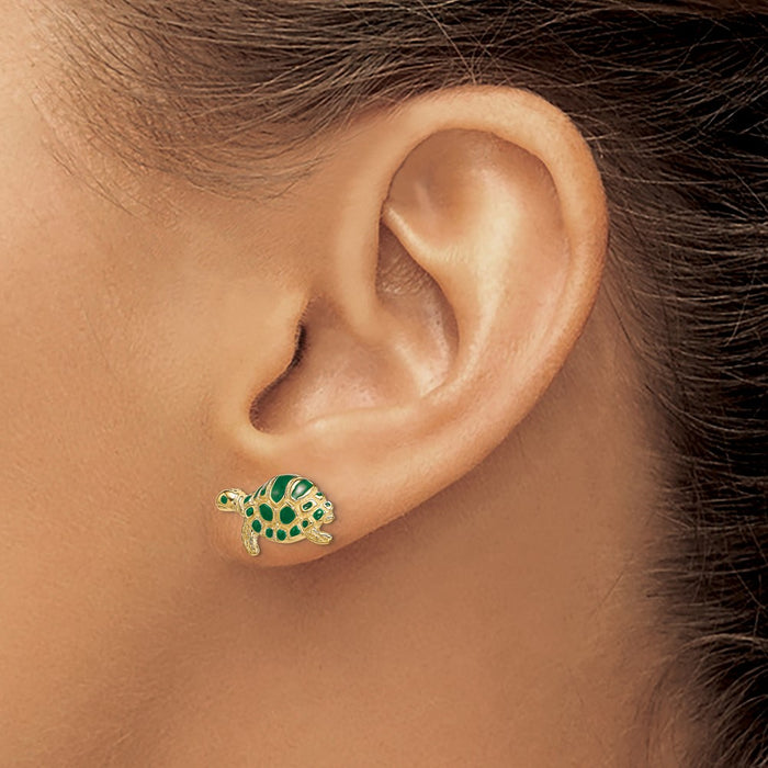 Exclusive 14K Gold Green Enamel Turtle Stud Earrings - Stylish & Affordable!-3