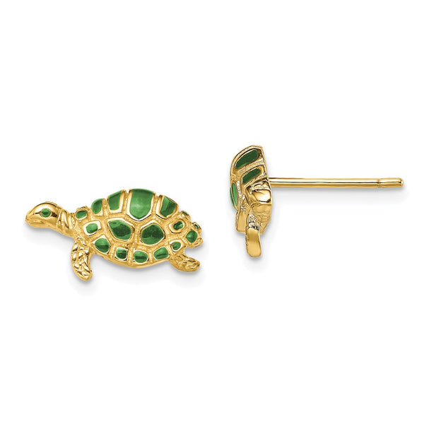 14K Gold Green Enamel Turtle Stud Earrings
