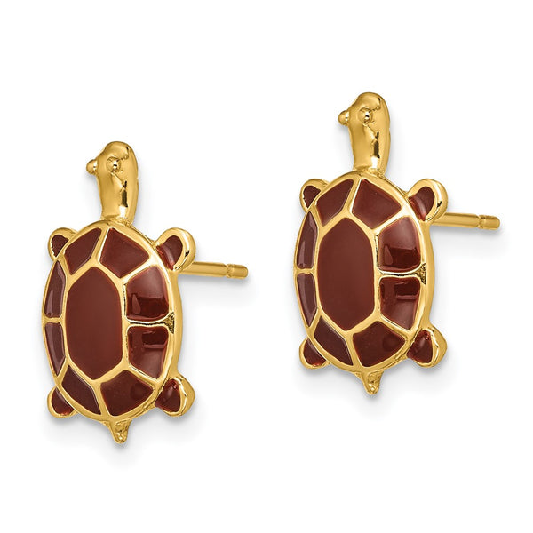 14K Gold Brown Enamel Sea Turtle Stud Earrings