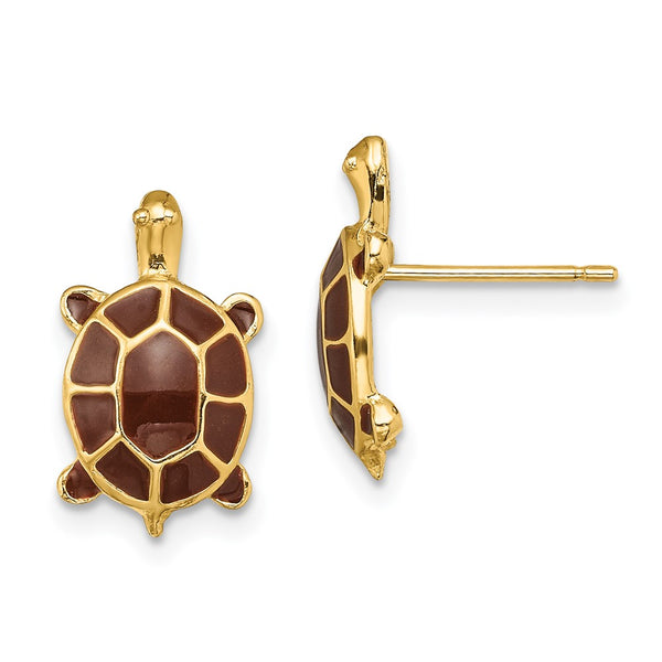 14K Gold Brown Enamel Sea Turtle Stud Earrings