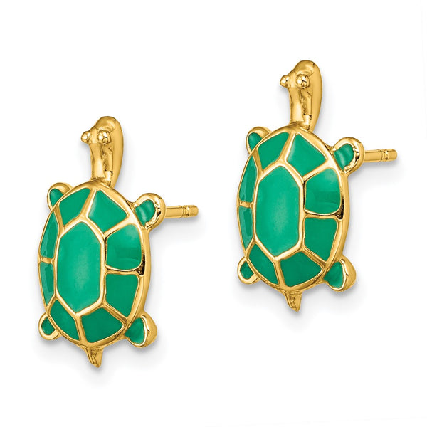 14K Gold Land Turtle Earrings with Green Enamel