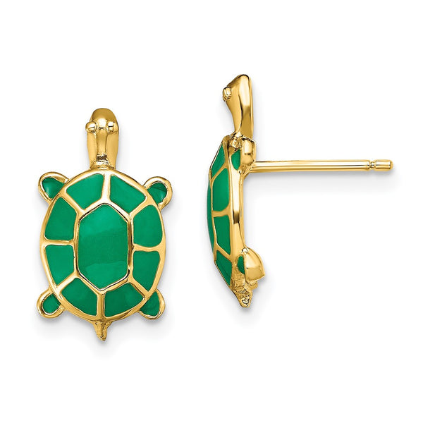 14K Gold Land Turtle Earrings with Green Enamel