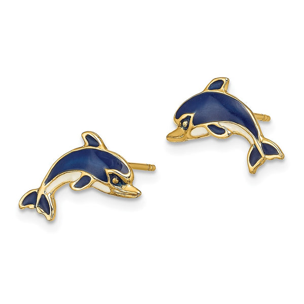 14K Gold Dolphin Stud Earrings with Blue & White Enamel