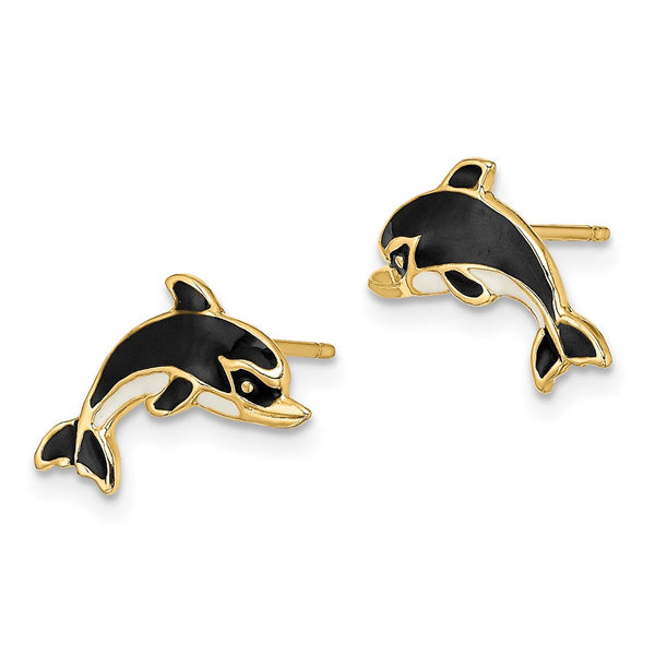 14K White Gold Dolphin Earrings with Black Enamel Accents