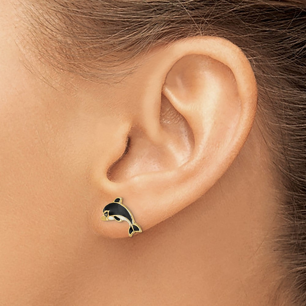 Shop Exclusive 14K White Gold Dolphin Earrings with Black Enamel Accents