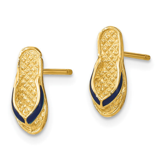 High-Quality 14K Gold 3D Blue Enamel Flip-Flop Post Earrings - Stylish Value!