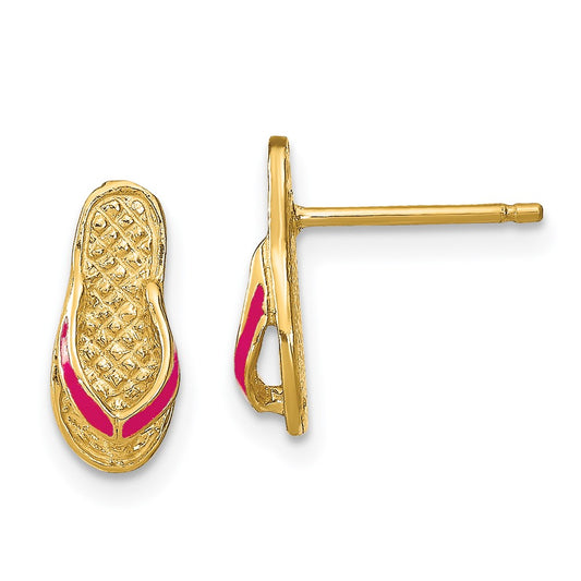 High-Quality 14K Gold 3D Fuchsia Enamel Flip-Flop Earrings - Stylish Value!