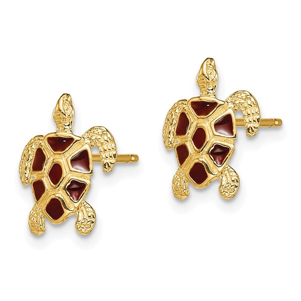 14K Gold Sea Turtle Earrings, 0.85mm, Brown Enamel Shell