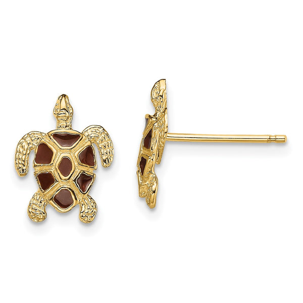14K Gold Sea Turtle Earrings, 0.85mm, Brown Enamel Shell