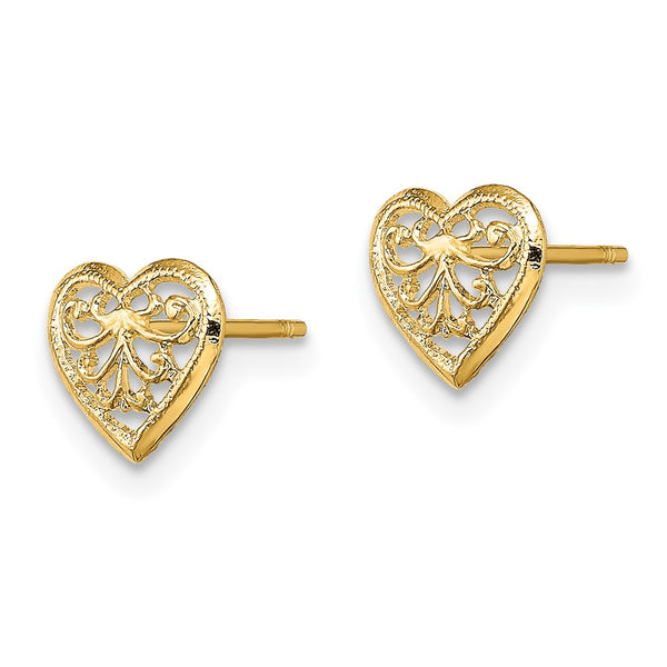 14K Gold Filigree Heart Stud Earrings