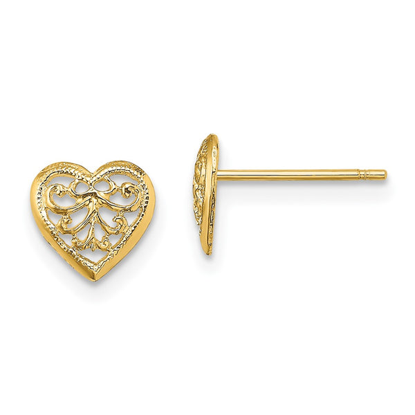 14K Gold Filigree Heart Stud Earrings