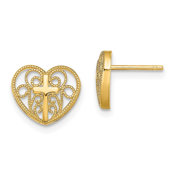 14K Gold Heart and Cross Post Earrings