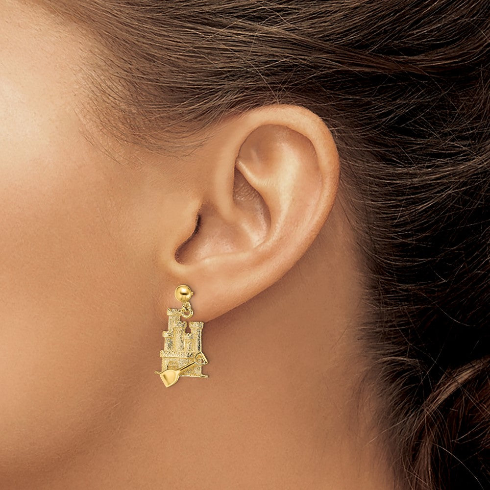 High-Quality 14K Gold 3D Sand Castle Dangle Earrings - Stylish Charm Value!