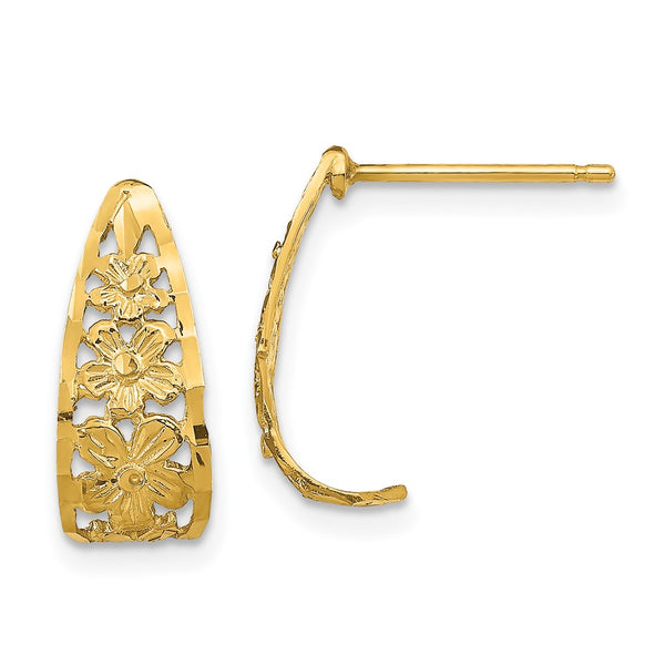 14K Gold Diamond-Cut Floral J-Hoop Post Earrings