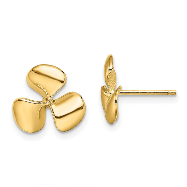 14K Gold Polished Three-Blade Propeller Earrings, 1.2" Long