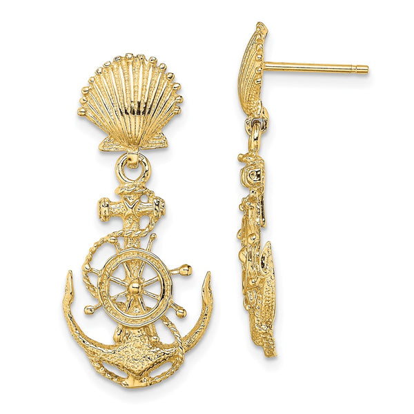 14K Gold Shell & Anchor Double Drop Earrings
