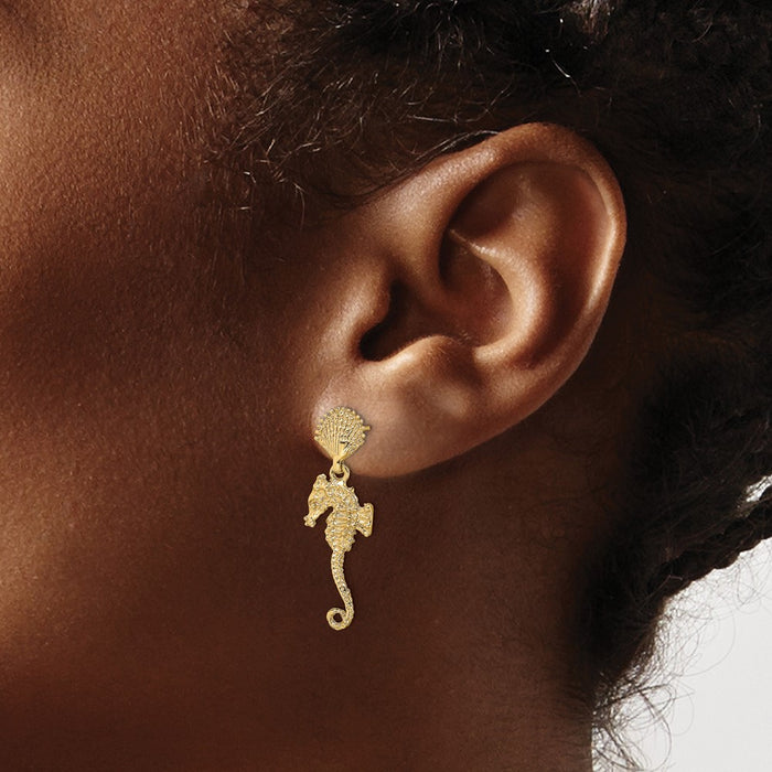 Exclusive 14K Gold Shell & Seahorse Drop Earrings - Stylish Luxury Accessory-3