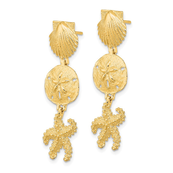 14K Gold Shell, Sand Dollar Starfish Dangle Earrings