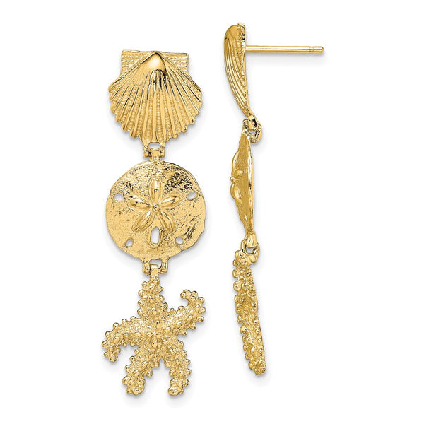 14K Gold Shell, Sand Dollar Starfish Dangle Earrings