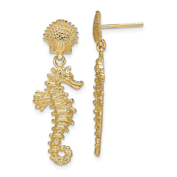 14K Gold Seahorse Shell Drop Earrings - 0.85mm