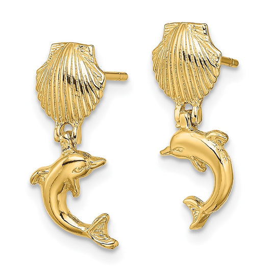 Exclusive 14K Gold Dolphin Dangle Earrings - Stylish Mini Scallop Design